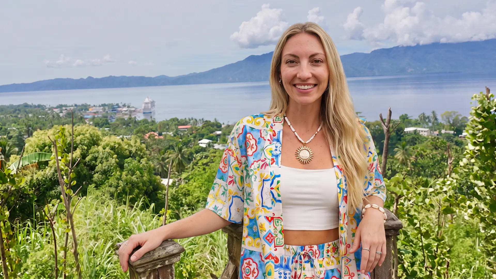Panoramic viewpoint overlooking the beautiful deep-blue waters of Milne Bay from Alotau, Papua New Guinea