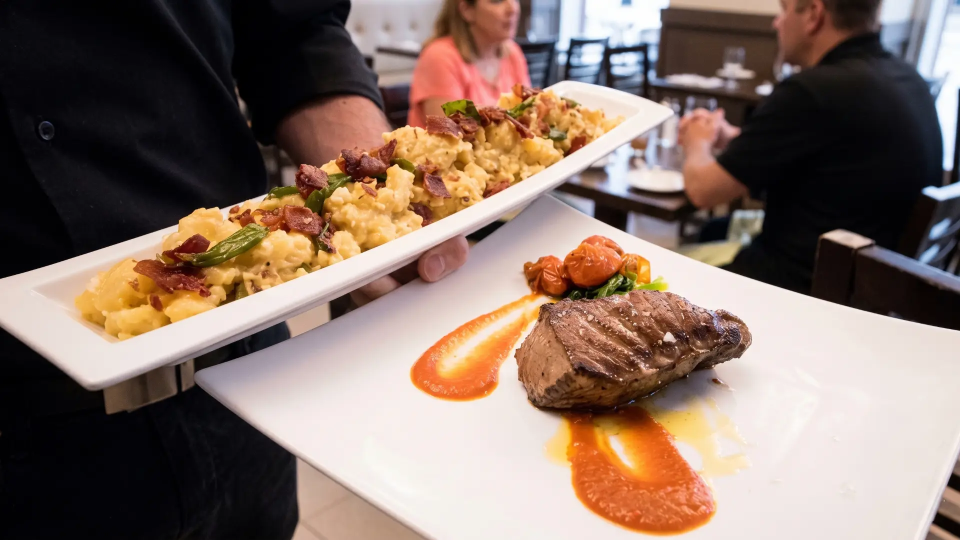 Delicious dish at Antique Restaurante y Tapas in Úbeda – tender grilled steak with red pepper sauce and creamy potato gratin with bacon, Andalusian fine dining