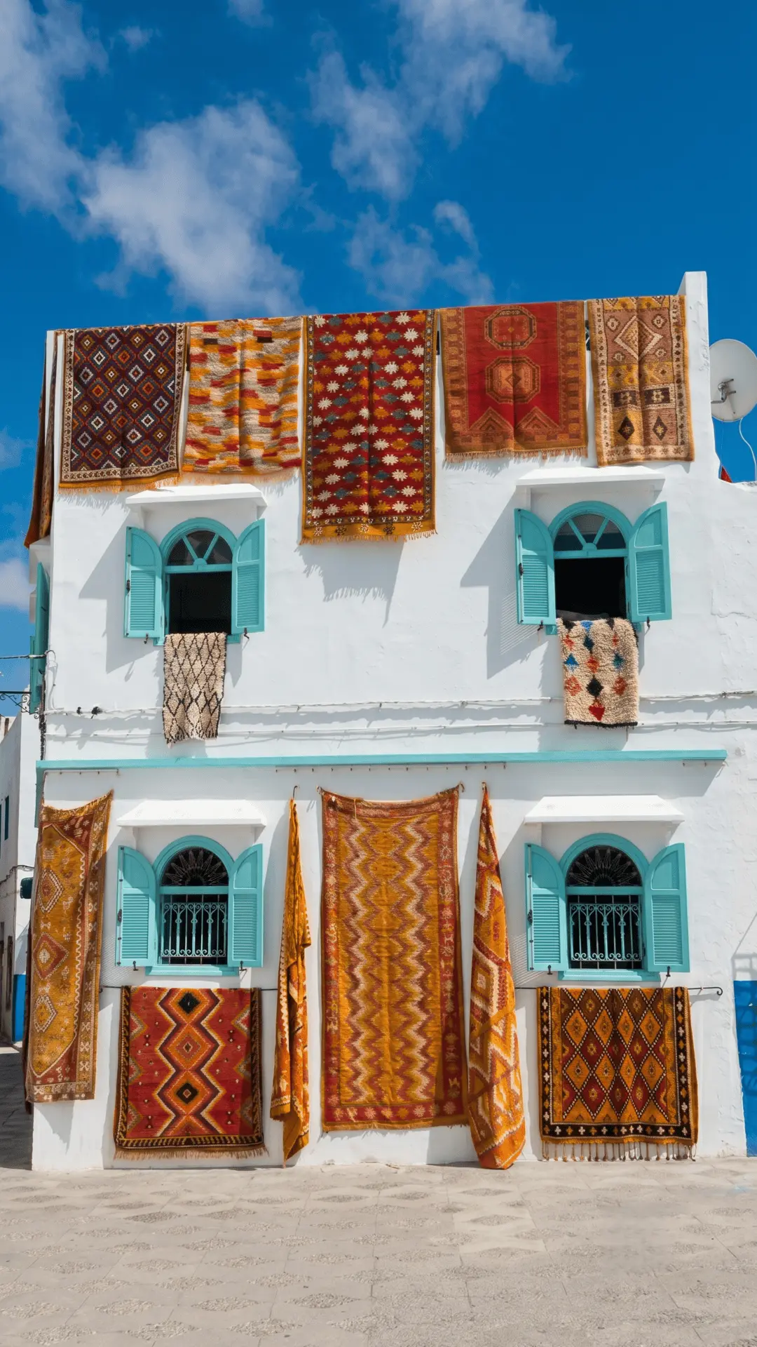 Traditional Moroccan house in Asilah with colorful rugs hanging on the facade