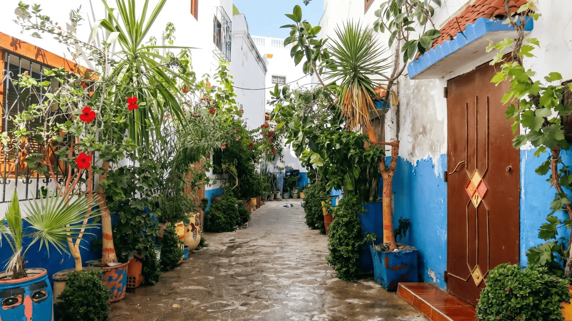 Charming narrow alley with white and blue walls in Asilah medina