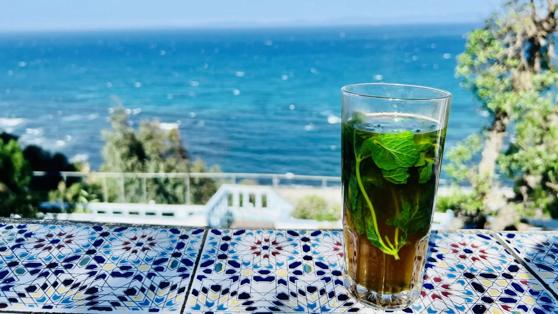 Mint tea on terrace at Café Hafa overlooking Strait of Gibraltar