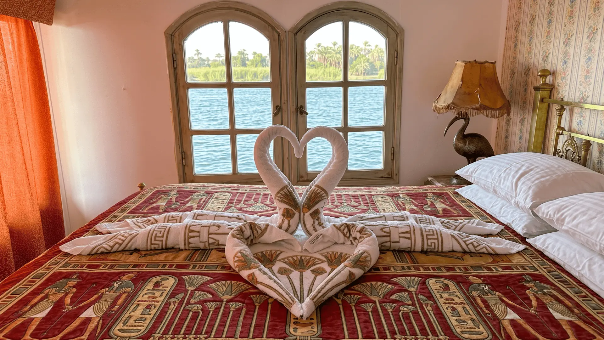Beautiful swan design details inside a luxurious dahabiya cabin on the Nile Cruise