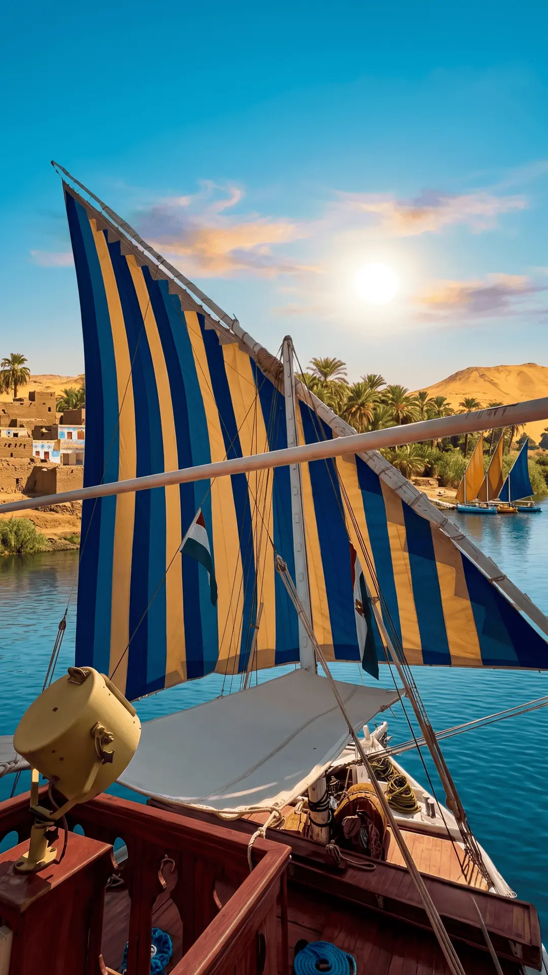 Traditional dahabiya Nile cruise boat sailing gracefully on the Nile River in Egypt