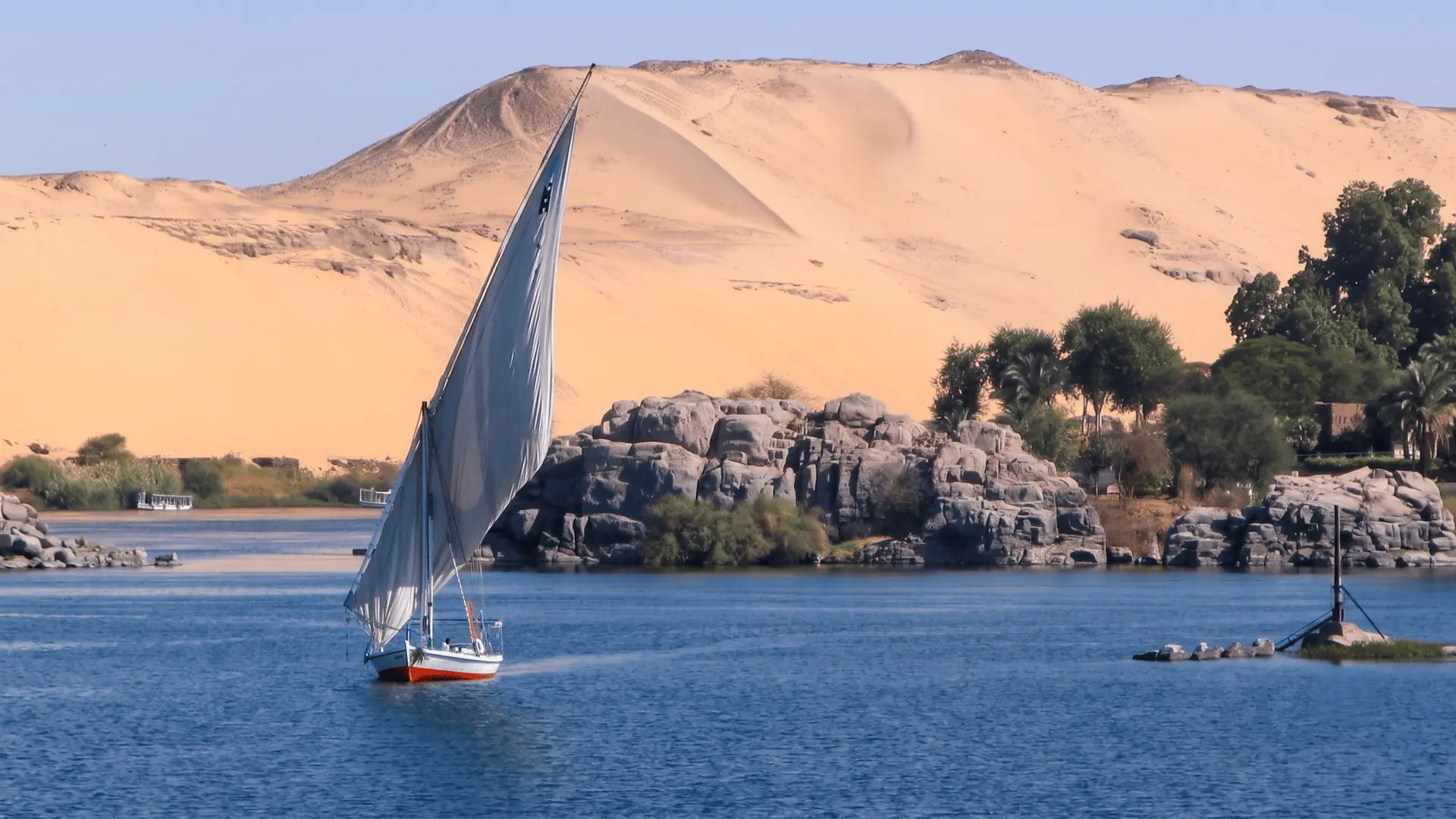 Beautiful Nile River landscape viewed from a dahabiya near Aswan during a Nile cruise