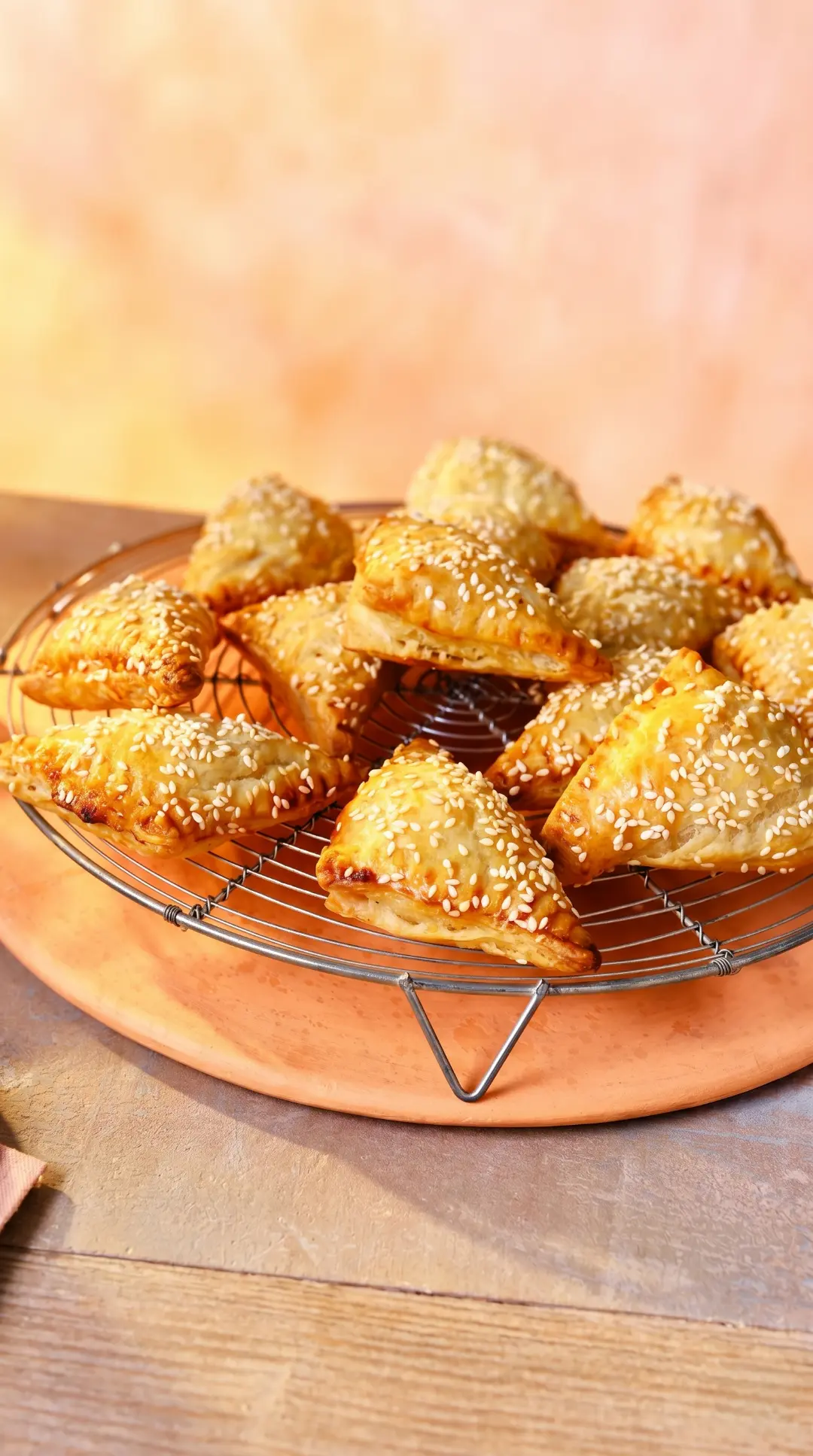 Golden flaky Borekas filled with savory beef, sprinkled with sesame seeds, served on a cooling rack in Fez Morocco