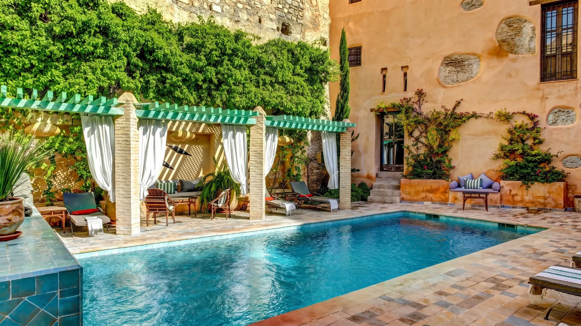 Beautiful swimming pool in the sunny courtyard of Riad Laaroussa with green pergola, loungers, and historic architecture in Fez Morocco
