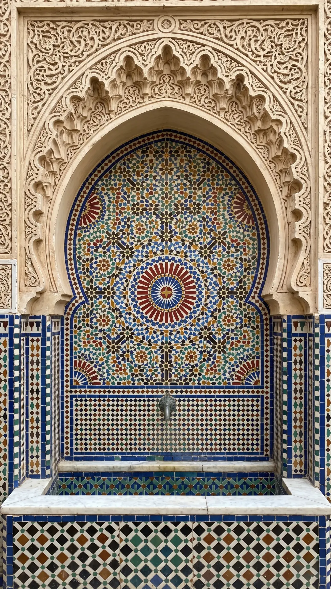 White stone fountain on intricate blue and multicolored zellige mosaic platform in lush Fez Garden