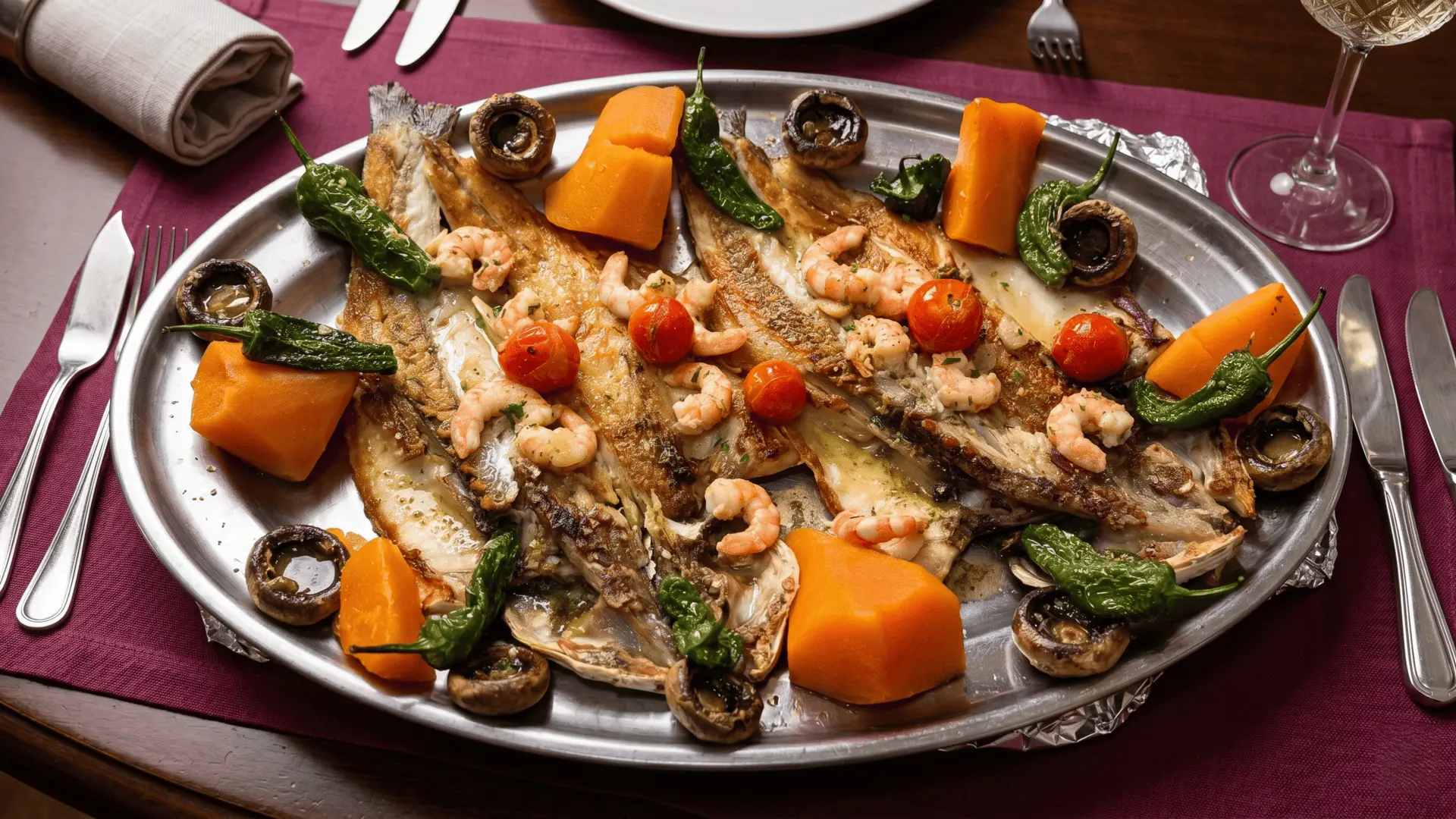 Delicious grilled fish with vegetables served at Bar El Mentidero in Ceuta, Spain – local Mediterranean cuisine