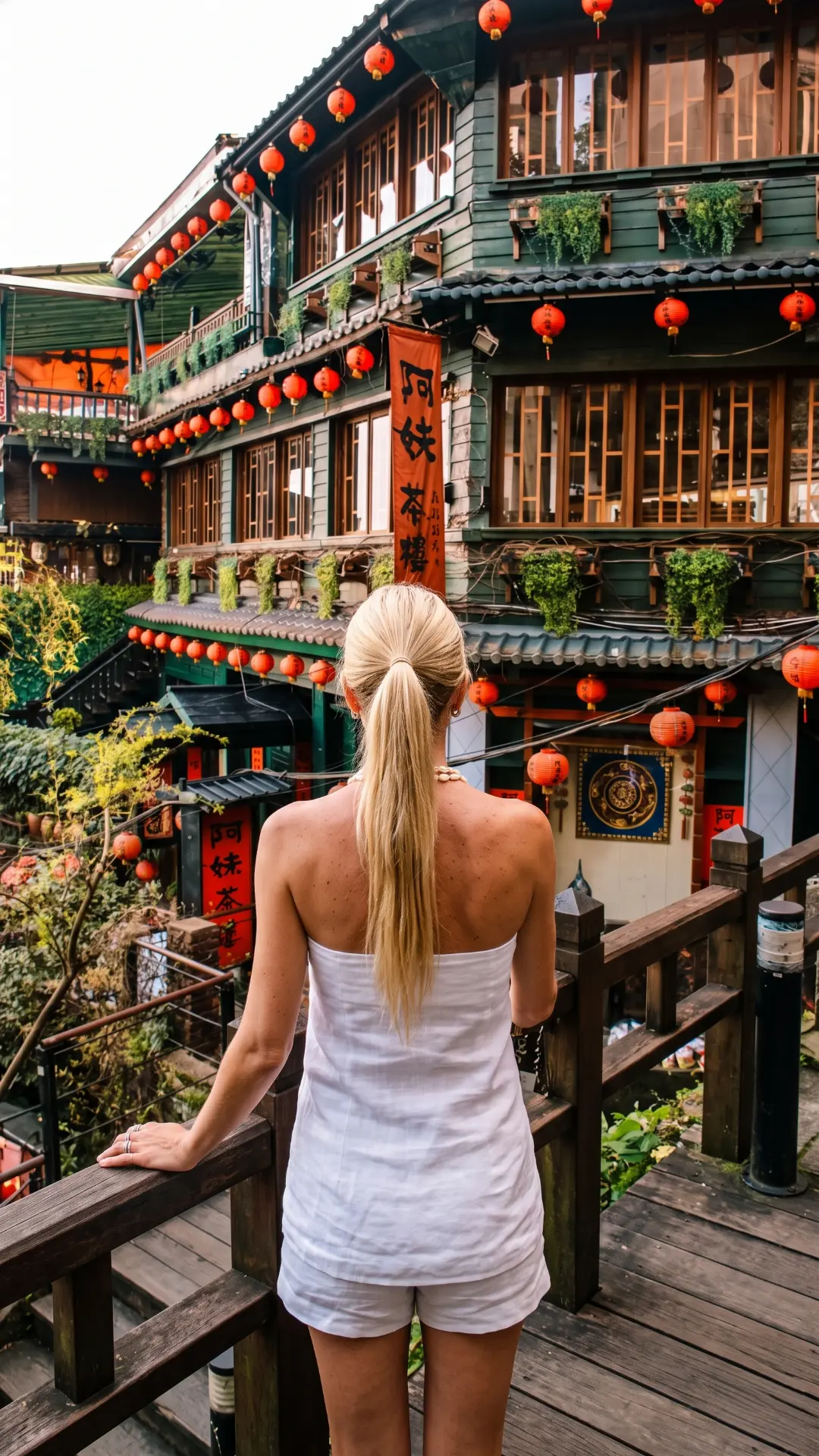 Picturesque A-Mei Tea House in the historic mountain village of Jiufen with ocean and mountain views