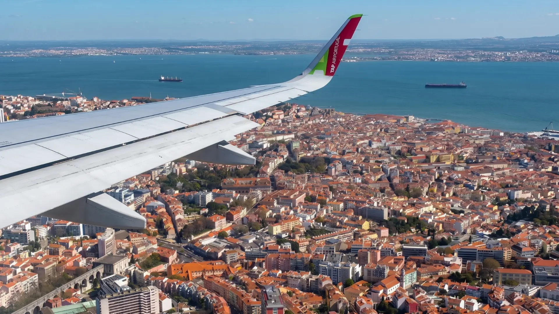 Panoramic view of Lisbon from a plane window