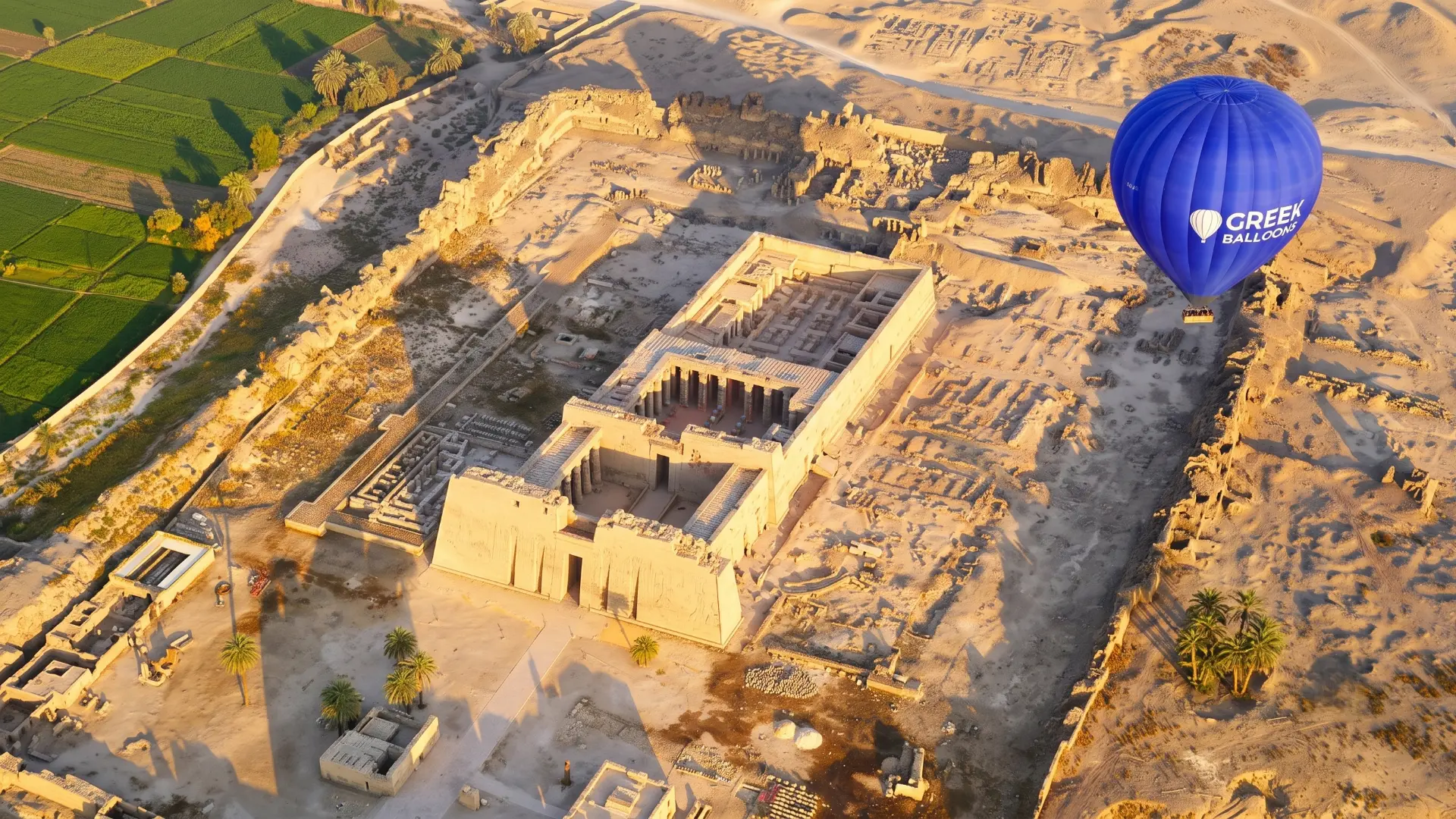 Aerial view of Medinet Habu and the Mortuary Temple of Ramses III near Luxor, Egypt