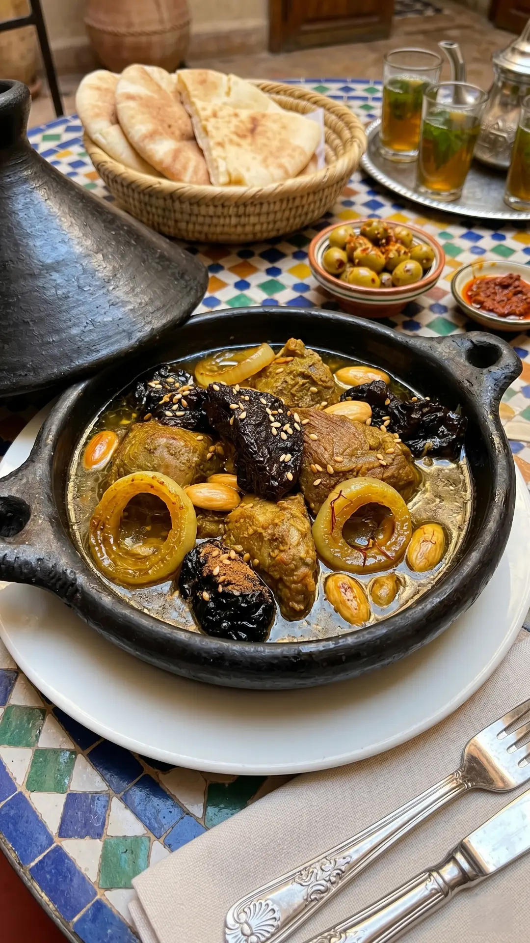 Delicious Moroccan beef tagine with prunes served at Restaurant Al Kasaba in Asilah