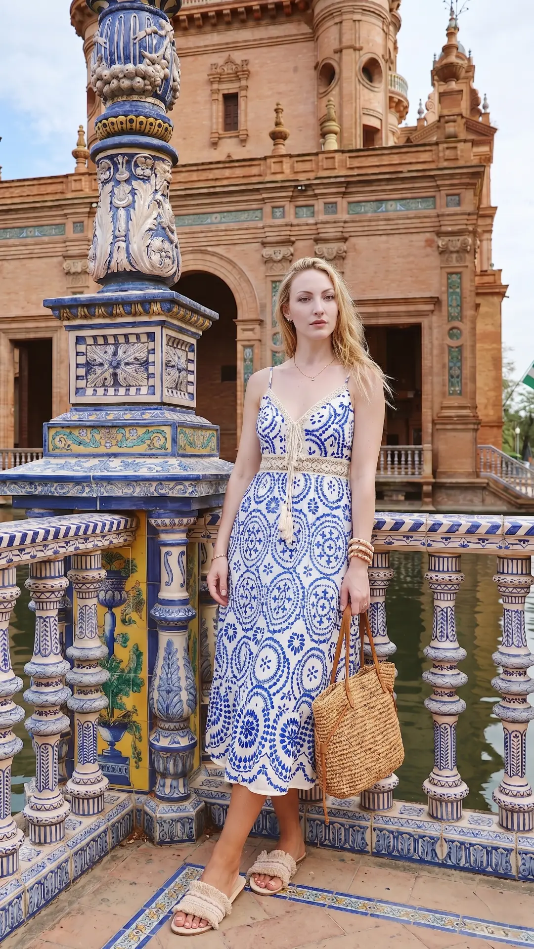 Beautiful Plaza de España in Seville, Spain with its grand architecture, canal, and tiled alcoves