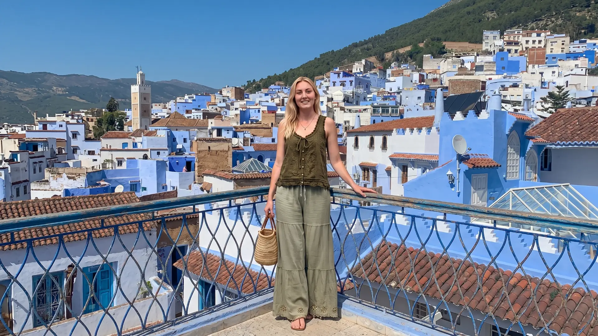 Rooftop terrace view of Outa el Hammam square and Kasbah in Chefchaouen