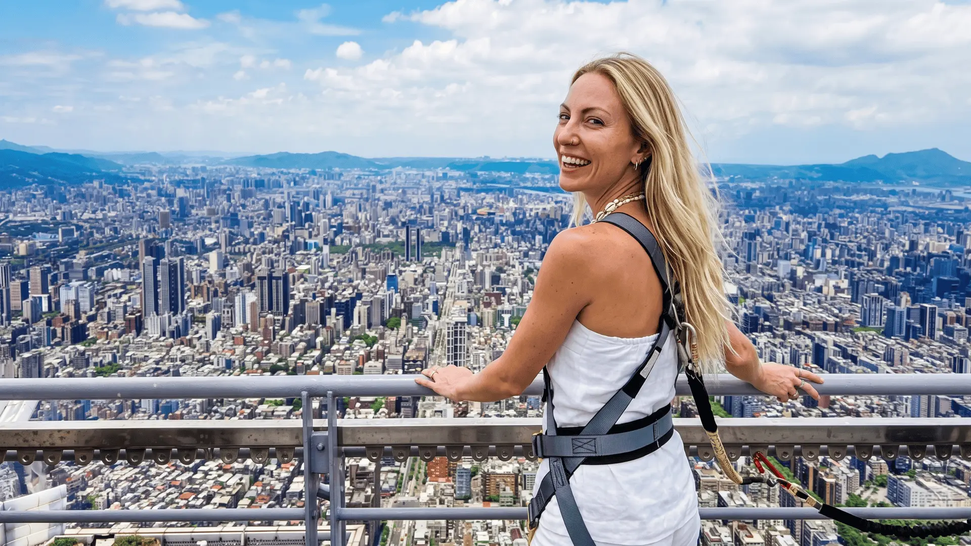 Spectacular panoramic city view from the observatory deck of Taipei 101 looking over Taipei