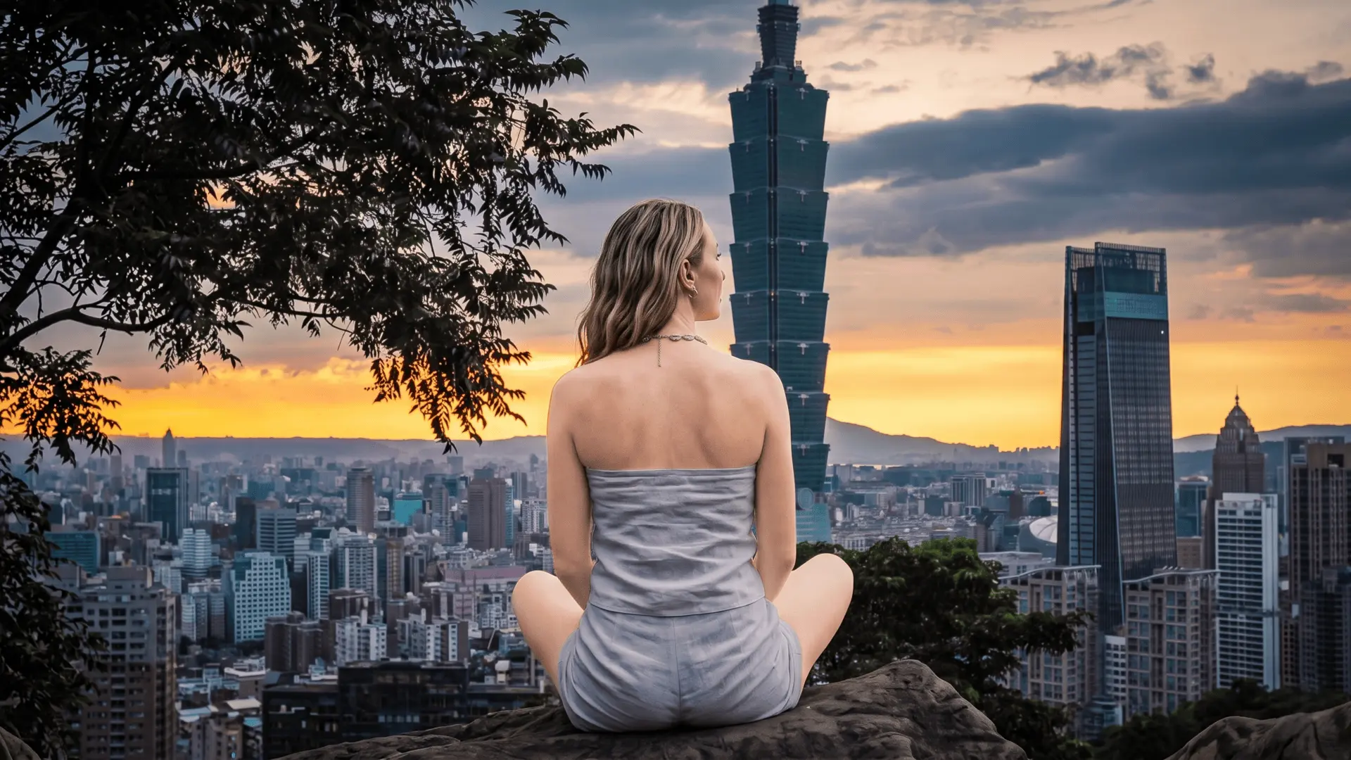 Classic panoramic view of Taipei skyline and Taipei 101 from Elephant Mountain (Xiangshan) at sunset or daytime